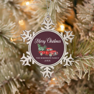 Weihnachtsfamilie Name Watercolor Vintag Red Truck Schneeflocken Zinn-Ornament