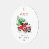Weihnachtsfamilie Wiedersehen Red Truck Custom Ornament Aus Metall (Vorderseite links)