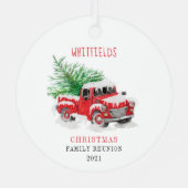 Weihnachtsfamilie Wiedersehen Red Truck Custom Ornament Aus Metall (Rückseite)