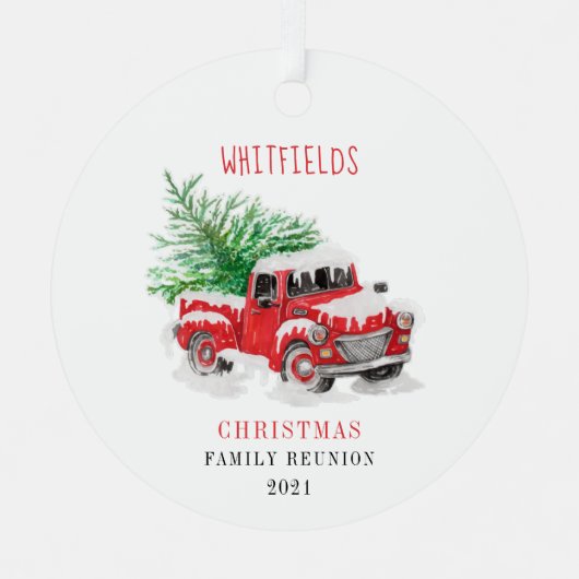 Weihnachtsfamilie Wiedersehen Red Truck Custom Ornament Aus Metall (Vorderseite)