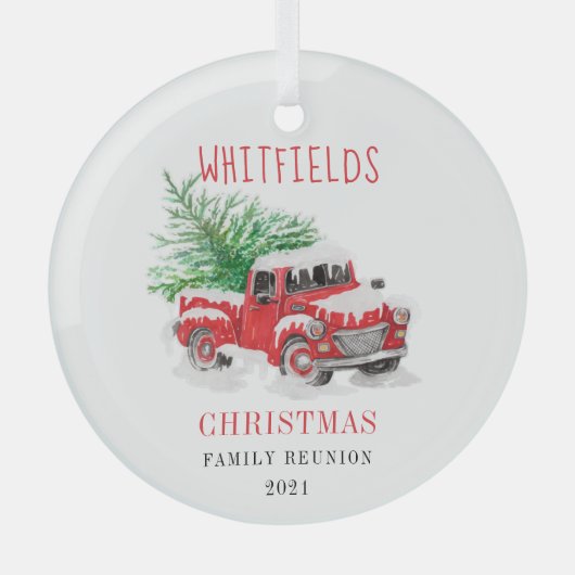 Weihnachtsfamilie Wiedersehen Red Truck Tree Ornament Aus Glas (Vorderseite)