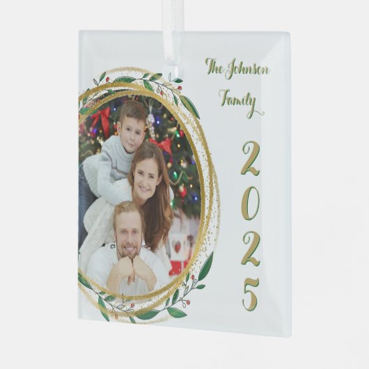 Weihnachtsfamilien Foto & Jahr Ornament Aus Glas (Vorderseite links)