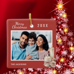 Weihnachtsfamiliendekor mit Foto in Rot-Weiß-Kerze Keramikornament