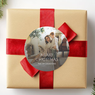 Weihnachtsfamilienfoto rustikal elegant runder aufkleber