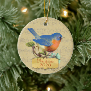 Weihnachtsfamilienfoto Vintage Blaue Vogel Keramik Ornament