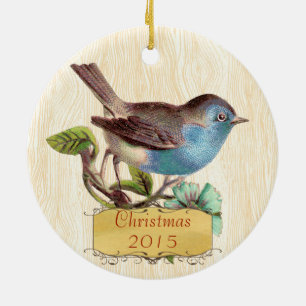 Weihnachtsfamilienfoto Vintage Blaue Vogel Keramikornament