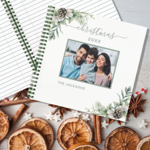 Weihnachtsfamilienfoto weißer Kegel Kiefernname Notizblock