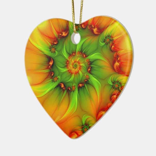 Weihnachtsfarben Abstraktes farbiges Fraktal Herz Keramik Ornament (Links)