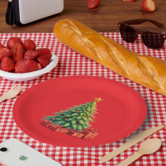 Weihnachtsfarben, dekorierter Weihnachtsbaum, Pappteller (Picknick)