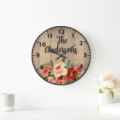 Weihnachtsfarben Rose und Pupien Rot und Grün Große Wanduhr (Zuhause)