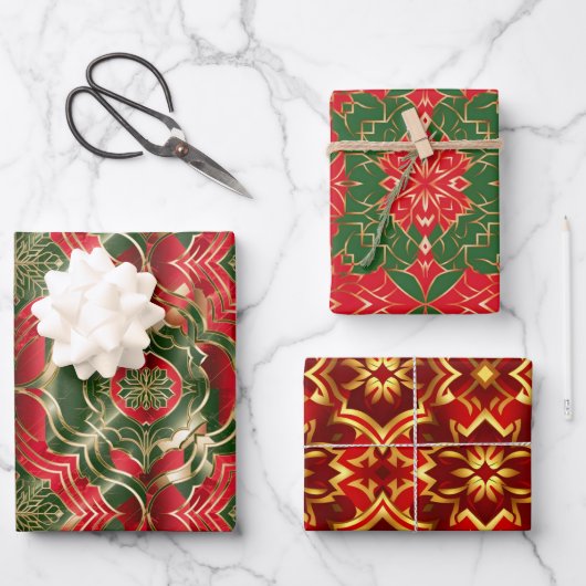 Weihnachtsfarben Rot-grünes Gold Damask nahtlos Geschenkpapier Set (Vorderseite)