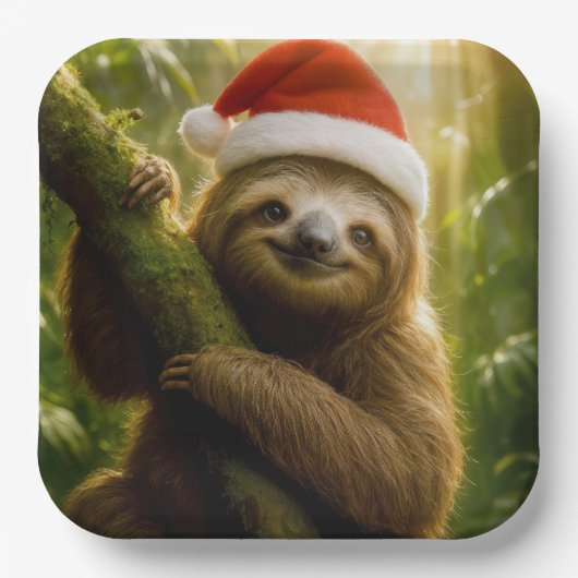 Weihnachtsfaultier mit Santa-Hut Pappteller (Vorderseite)