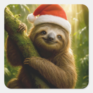 Weihnachtsfaultier mit Santa-Hut Quadratischer Aufkleber