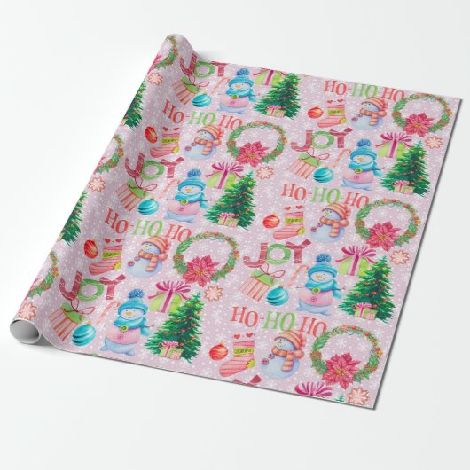 Weihnachtsfavoriten Pink Snowman Wasserfarbe Geschenkpapier (Ungerollt)