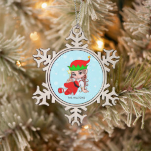 Weihnachtsfee-Elf hält einen Stern Schneeflocken Zinn-Ornament