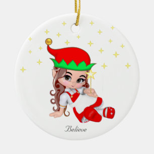Weihnachtsfee in Rot gekleidet & Sterne Keramik Ornament