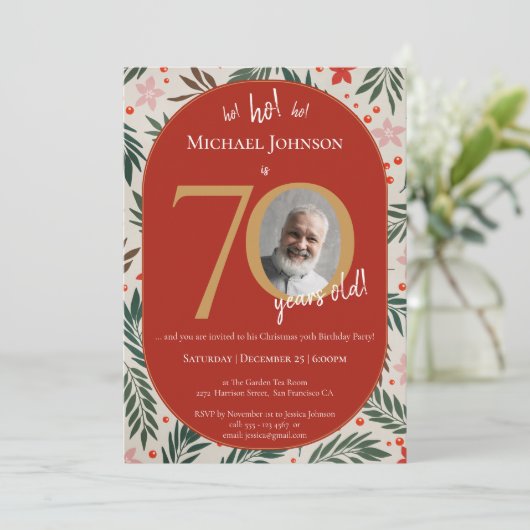 Weihnachtsfeier 70. Geburtstagsparty Einladung (Stehend Vorderseite)