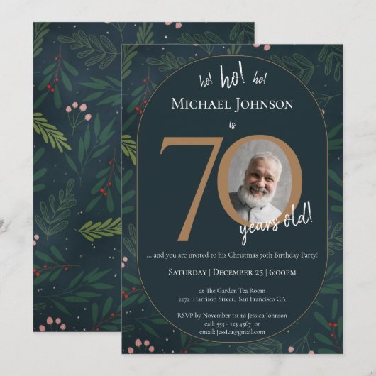 Weihnachtsfeier 70. Geburtstagsparty Einladung (Vorne/Hinten)