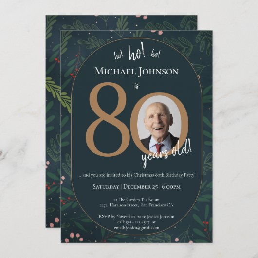 Weihnachtsfeier 80. Geburtstagsparty Einladung (Vorne/Hinten)