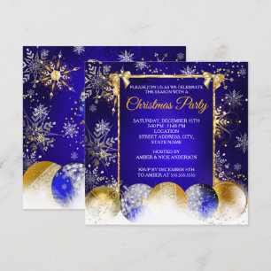Weihnachtsfeier Blau Gold Kugel Schneeflocke Einladung