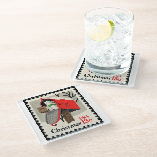 Weihnachtsfeier Briefmarke Glasuntersetzer (Schrägansicht)