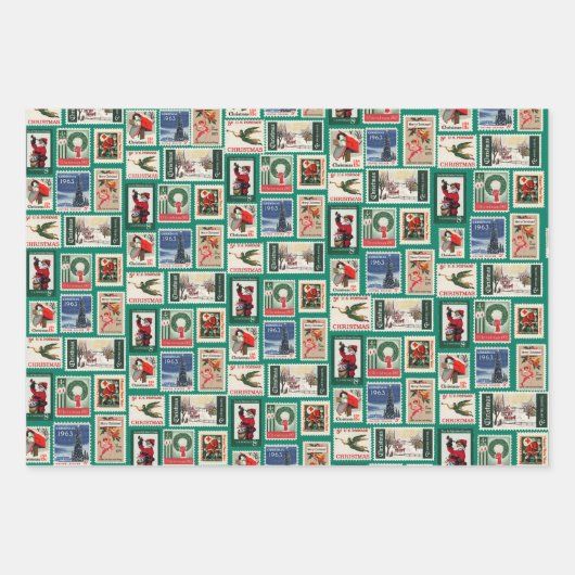 Weihnachtsfeier Briefmarke Retro Trio Geschenk Geschenkpapier Set (Vorderseite 2)
