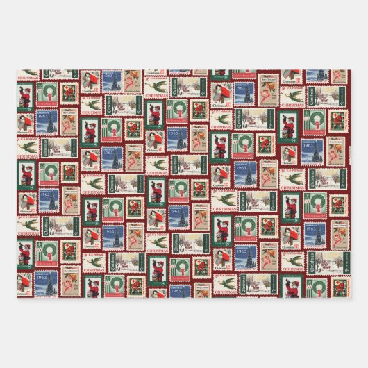 Weihnachtsfeier Briefmarke Retro Trio Geschenk Geschenkpapier Set (Vorderseite)