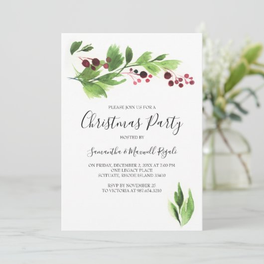 Weihnachtsfeier Einladung Rote Berries & Grüne (Stehend Vorderseite)