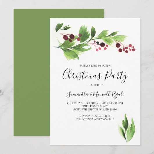 Weihnachtsfeier Einladung Rote Berries & Grüne (Vorne/Hinten)