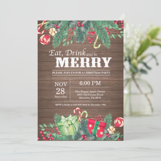 Weihnachtsfeier Einladung rustikales Holz (Stehend Vorderseite)