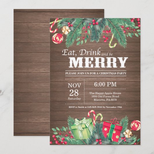 Weihnachtsfeier Einladung rustikales Holz (Vorne/Hinten)