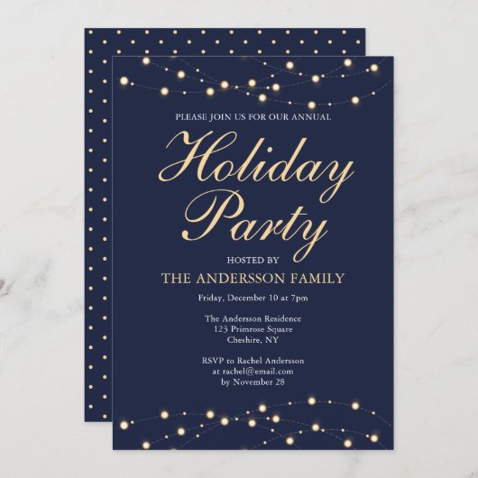 Weihnachtsfeier Elegante Gold String Lights Einladung (Vorne/Hinten)
