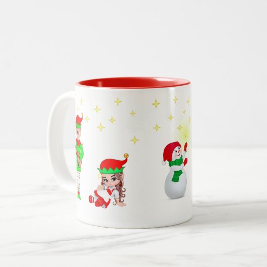 Weihnachtsfeier, Elf & Sterne Zweifarbige Tasse (Vorderseite Links)