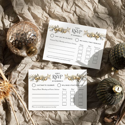 Weihnachtsfeier Gold Holly und Ornaments Entrée RSVP Karte