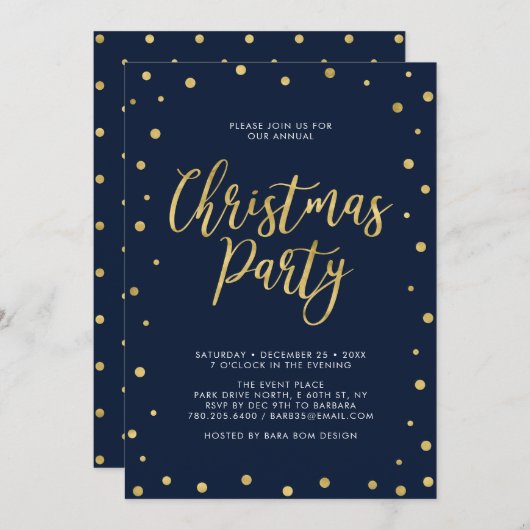 Weihnachtsfeier Gold & Navy Chic Confetti Einladung (Vorne/Hinten)