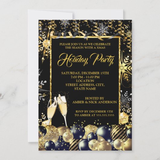 Weihnachtsfeier Gold Schwarze Schneeflocken Einladung (Vorderseite)