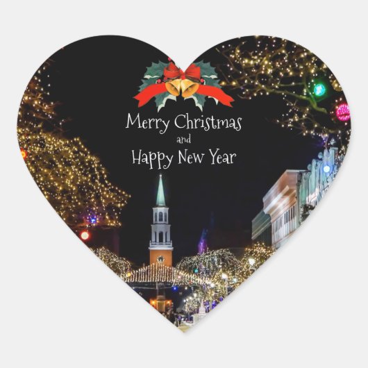 Weihnachtsfeier, helle Lichter und Bausteine Herz-Aufkleber (Vorderseite)