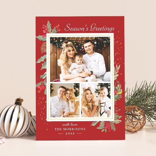 Weihnachtsfeier Holly Berries 3 Foto Feiertagskarte