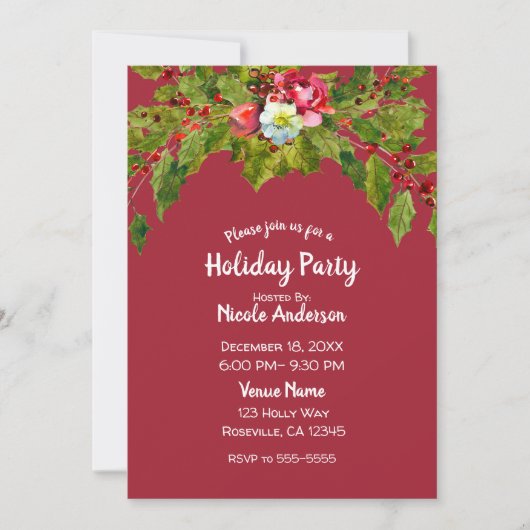 Weihnachtsfeier Holly Berry Floral Berries Einladung (Vorderseite)