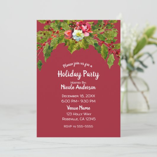 Weihnachtsfeier Holly Berry Floral Berries Einladung (Stehend Vorderseite)