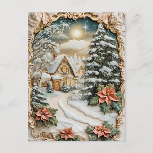 Weihnachtsfeier Hütte mit Poinsettia Blume Feiertagspostkarte (Vorderseite)