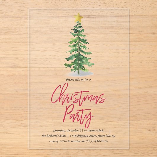 Weihnachtsfeier im Wasserfarben Pine Tree Acryleinladungen (Vorderseite)
