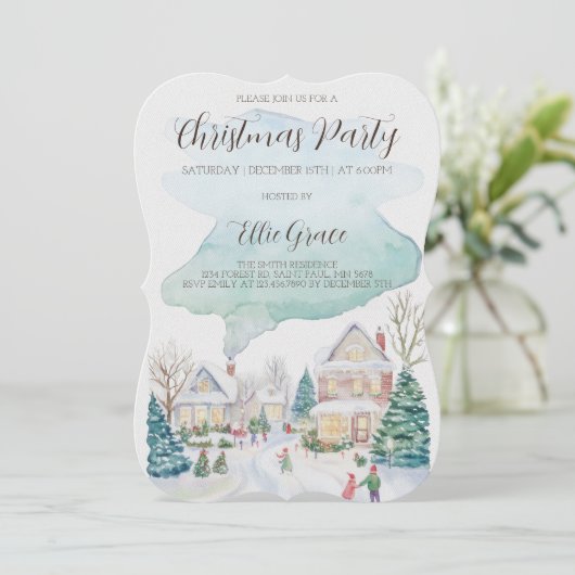 Weihnachtsfeier im Wasserfarbenbereich Einladung (Stehend Vorderseite)