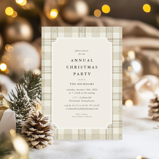 Weihnachtsfeier im zarten Beige-Gingham-Look Einladung