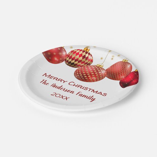 Weihnachtsfeier in Rot & Gold Pappteller (Schrägansicht)