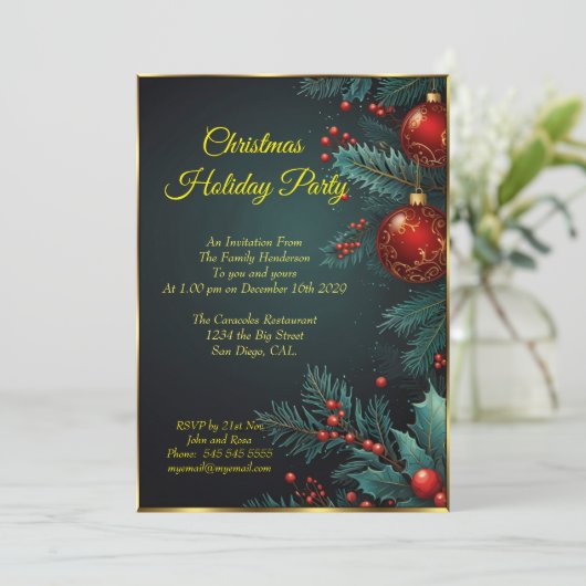 Weihnachtsfeier Mistletoe Rote Baubles Einladung (Stehend Vorderseite)