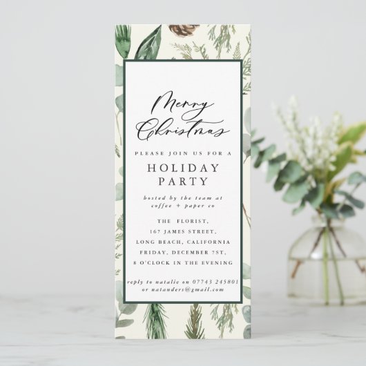Weihnachtsfeier mit elegantem Blattwerk Einladung (Stehend Vorderseite)