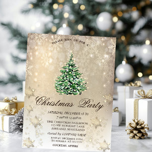 Weihnachtsfeier mit goldenen Tannenbaum-Schneeflo Einladung