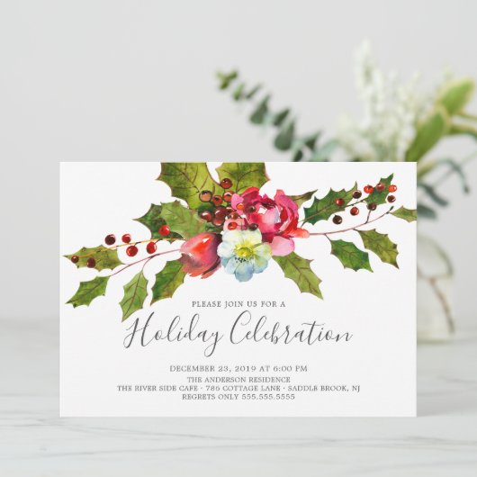 Weihnachtsfeier mit Holly Floral Einladung (Stehend Vorderseite)