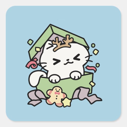 Weihnachtsfeier mit Purr-ty-Time Cat Quadratischer Aufkleber (Vorderseite)